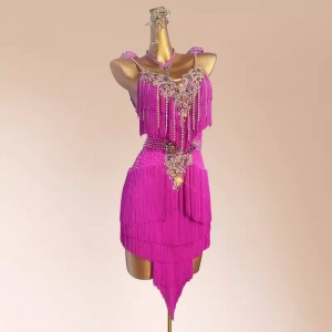 Customized size fuchsia hot pink competition fringe latin dance dresses for women girls kids salsa rumba chacha solo dance stage performance costumes